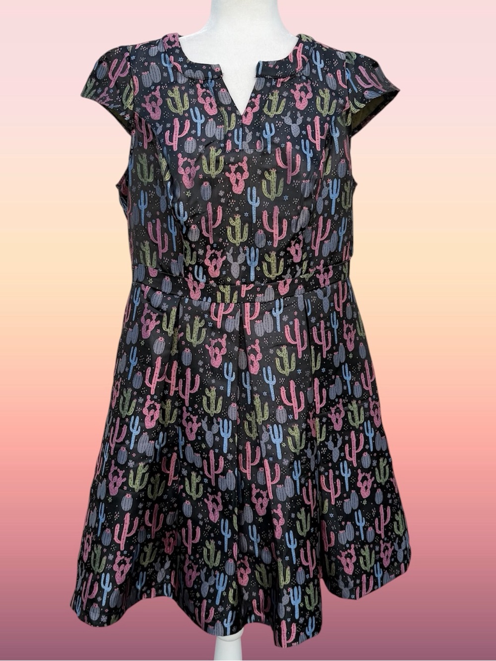 ModCloth Jacquard Multi-Color Cactus Fit & Flare Pleated Satiny Swing Dress, 16